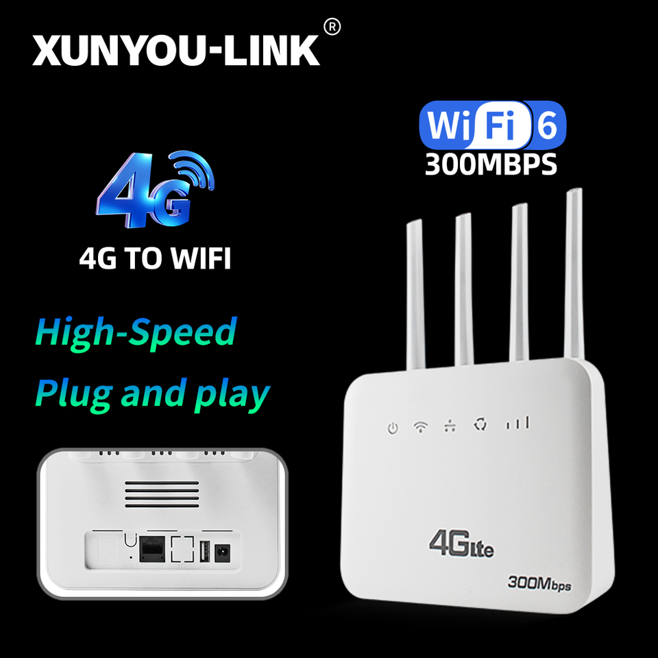  XUNYOU-LINK 4G LTE WiFi Router WiFi 6 300Mbps SIM Modem Wireless WiFi Modem Support 32 Device WIFI Router for Asia Africa Europe 