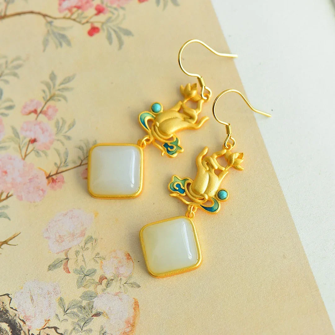 

White Jade Lotus Earrings for Women Real Jewelry Gifts 925 Silver Natural Stone Amulets Gift Fashion Charm Gemstones Talismans