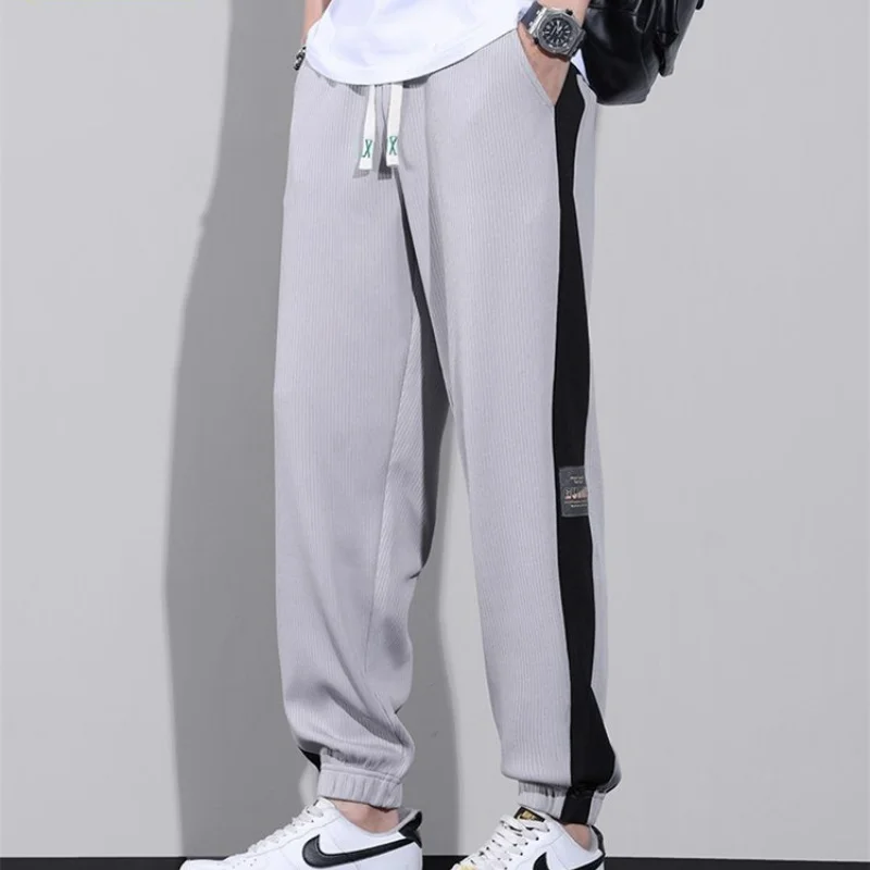 Versatile Street Thin Loose Breathable Sports Casual Pants Men's Trendy Pockets Patchwork Contrast Drawstring Straight Trousers