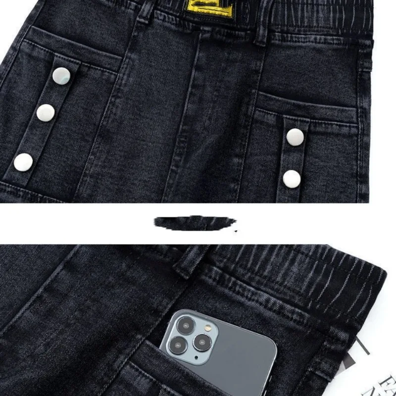 Women's Autumn and Winter 2024 New Spliced Rivet Elastic High Waist Pocket Versatile Slimming Elastic Small Feet Cow Pants