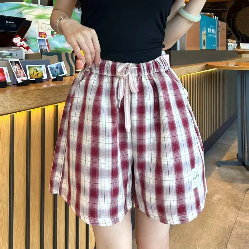Chiffon Casual Shorts for Women Summer Thin Style 2024 New Plaid Small Elastic High Waisted Wide Leg Five Part Midi Pants