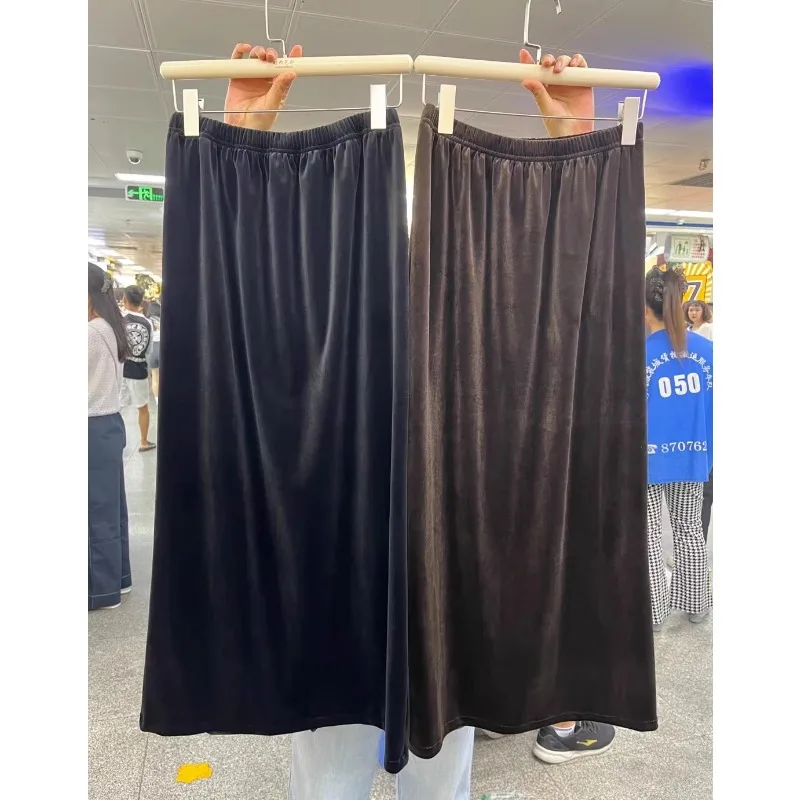 

Longskirts for Women 2023 Autumn Velvet Fabric Side-Slit Skirts Womens A-line Skirt Female Casual Almighty French Retro Dropship