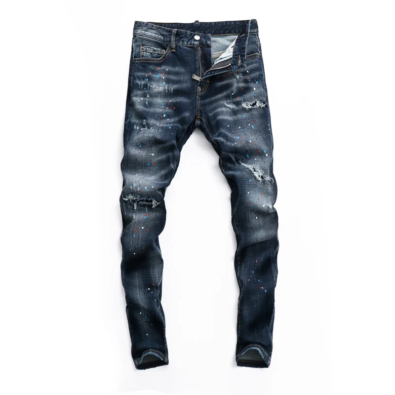 Streetwear Fashion Men Jeans High Quality Elastic Stretch Slim Fit Vintage Ripped Jeans Men Painted Designer Brand Pants Hombre