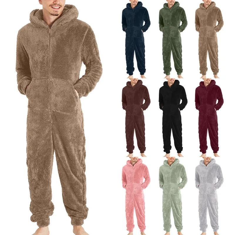 Men's Zipper Warm Plush Thermal One-piece Pajamas for Couples Pajama Man Sleepwear Sleeping Sexy Lingerie Jump Suit men bodysuits men jumpsuits men lingerie