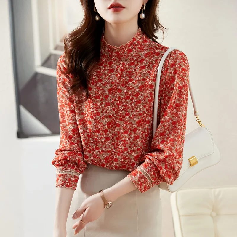 الرجعية الأزهار الشيفون قميص أوائل الربيع أعلى مكت...