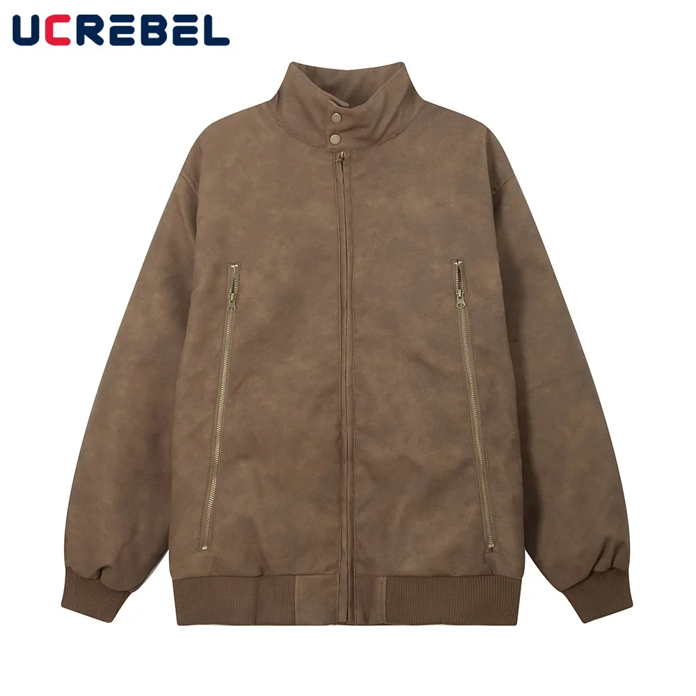 

Zipper Decoration Lapel Leather Jacket Mens Autumn Winter Retro Streetwear Loose Long Sleeve Quilted Jacket