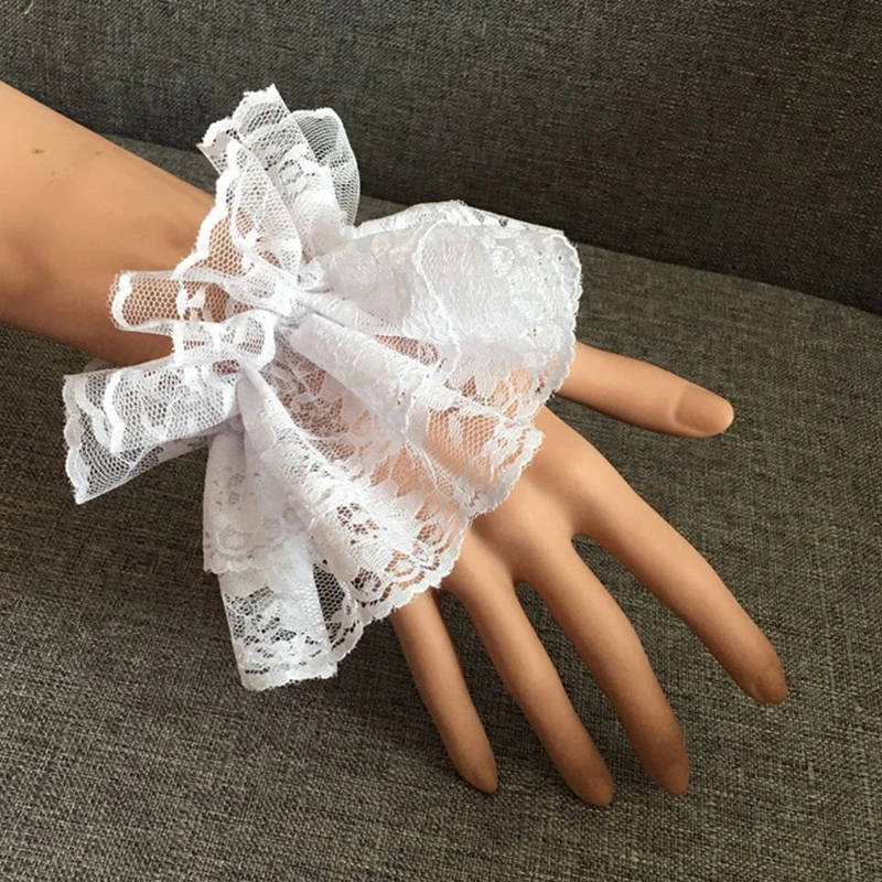 Lolita Hand Sleeve Wrist Cuffs Ruffled Floral Black Lace Elastic Bracelet Elegant Women Girls Wrist Warmers Gloves 2Pcs/Pair wrist cuffs
