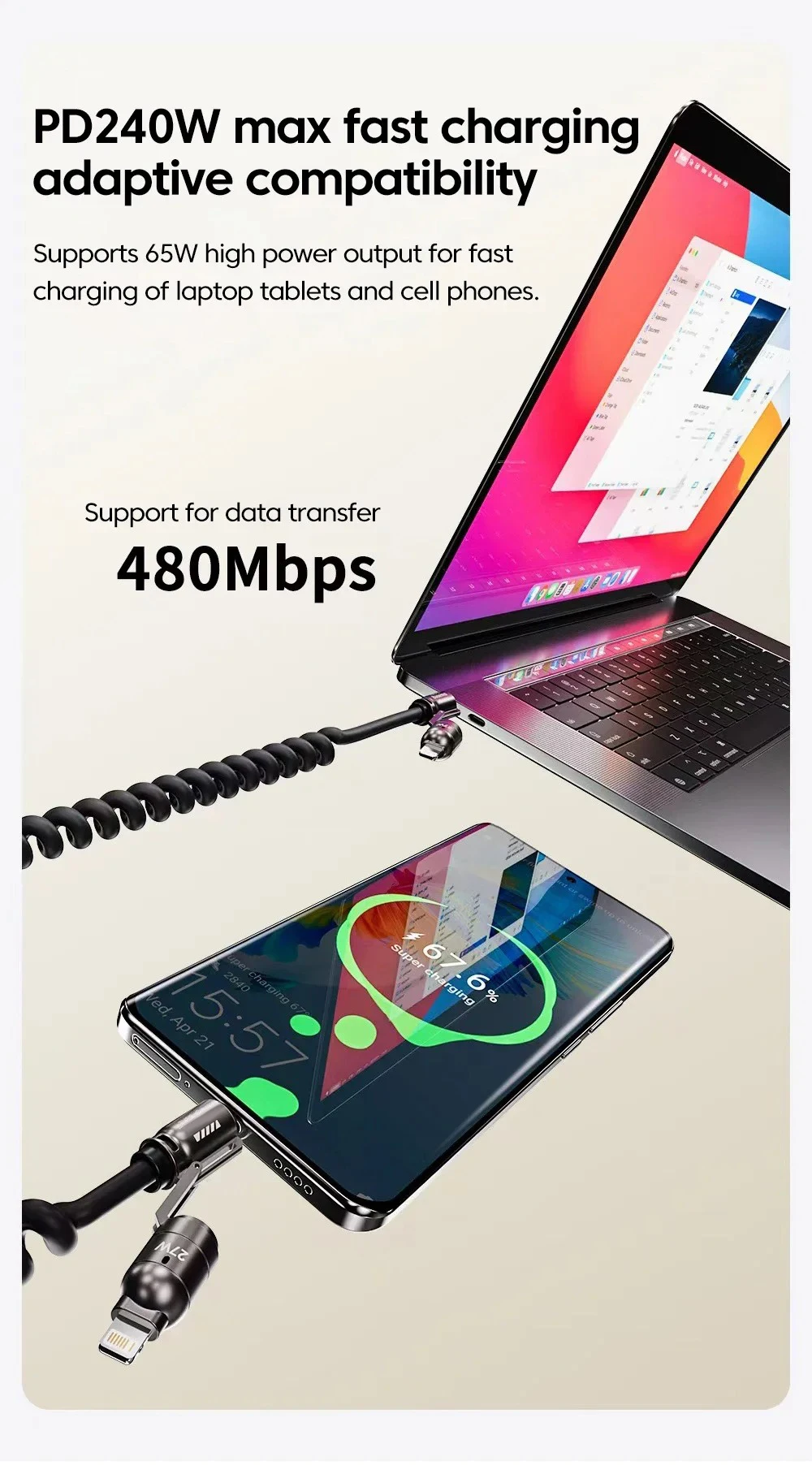 Car Spring Data Cable Type C 4-in-1 240W for IPhone Huawei Samsung IPad Mobile Phone USB Fast Charging Cord Suitable for Carplay