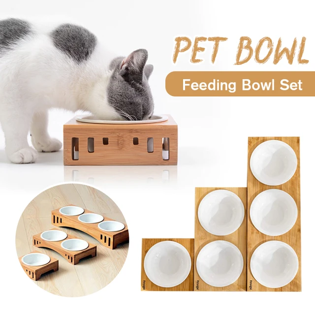 Raised Pet Bowls for Cats and Small Dogs, Bamboo Elevated Dog Cat Food and Water  Bowls Stand Feeder with 2 Stainless Steel Bowls - AliExpress