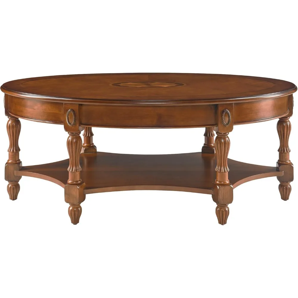 Traditional Wood Oval Coffee Table with Drawer, Beewax Living Room Cocktail Tea Table with Storage Shelf Center Table with Carv 6