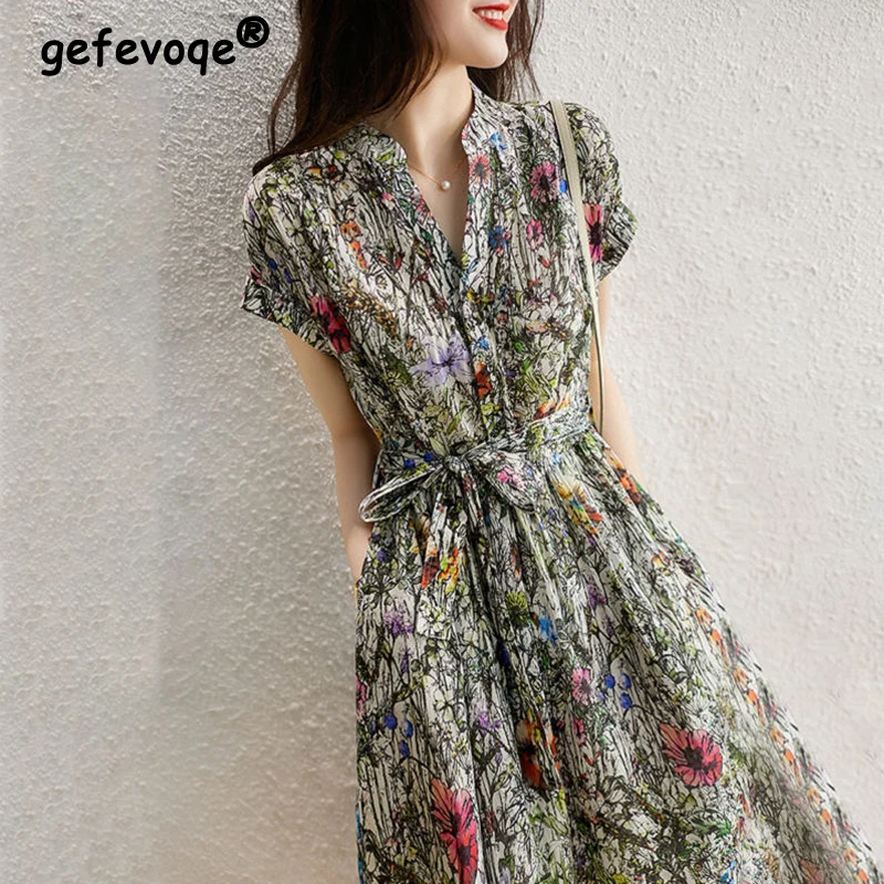 

Женское винтажное платье с цветочным принтом, элегантное облегающее пляжное платье миди с V-образным вырезом и коротким рукавом, лето 2024