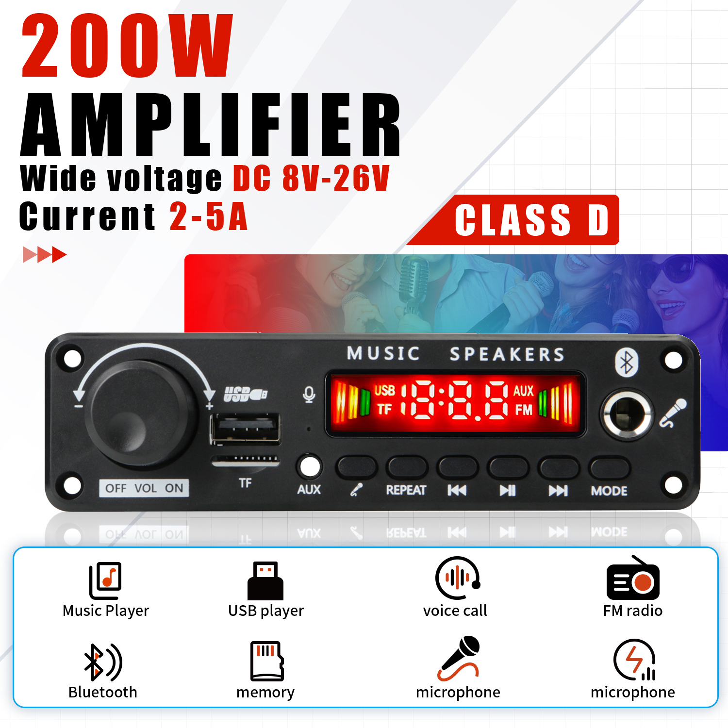 200W DIY Home Digital Amplifier MP3 Decoder Board 12V 100W Audio Power Bluetooth FM For Music Subwoofer Speakers Volume Control