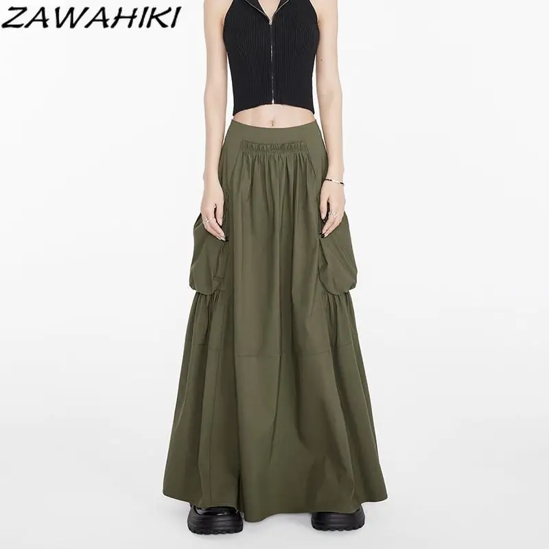 

Vintage Green Summer Oversize High Waist Long Skirt Women Solid Color A-line Pleated Loose Spring Casual All Match Streetwear