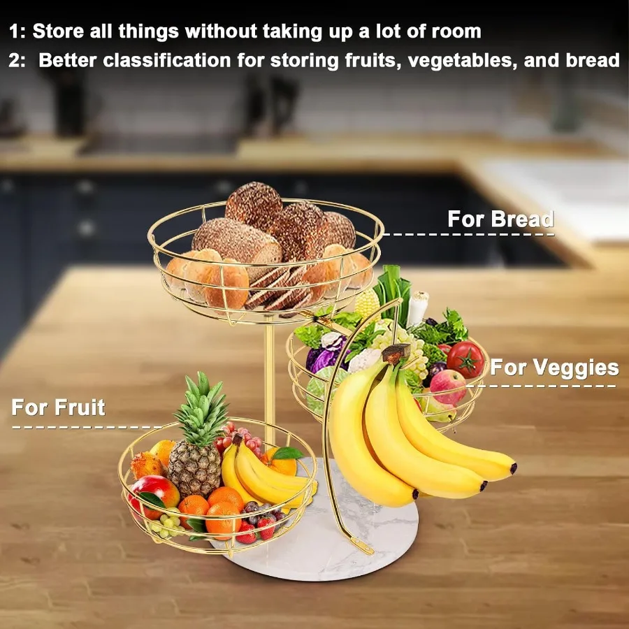 Livabber Fruit Basket Bowl with Banana Hanger Metal Fruit Vegetable Storage Basket with Banana Holder for Kitchen Counter Detac