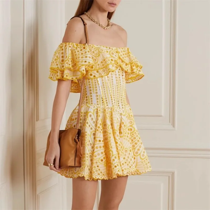 

Off The Shoulder Yellow Women Dress Bodycon Lace Embroidery Vintage Wome's Clothing Summer Vacation Evening Party Dress Mini