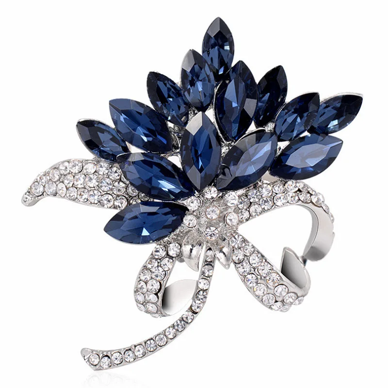 Spilla Fiore Cristallo Blu Merdia - Donna, Elegante Per Abiti E Sciarpe, Regalo Ideale