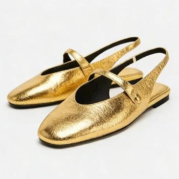 Sexy Gold Metallic Pattern Slingback Ballet Flats Women Fashion Round Toe Buckle Mary Jane Shoes Luxury Designer Flat Sandals 1