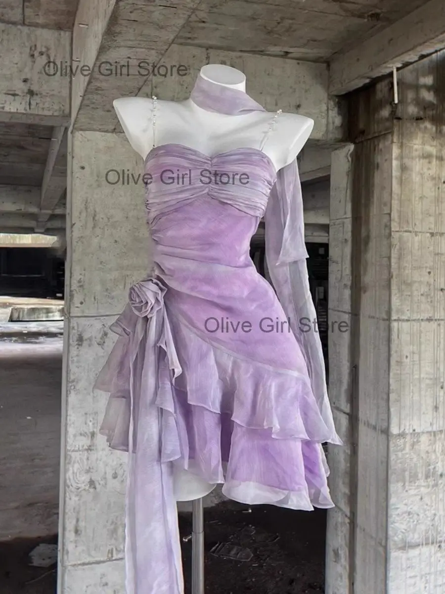 Princess Dress Adult High-end Light Luxury Birthday Party Dress Ruffled  Purple Suspender 3D Flowers Girl Women's Clothing - AliExpress 200000345