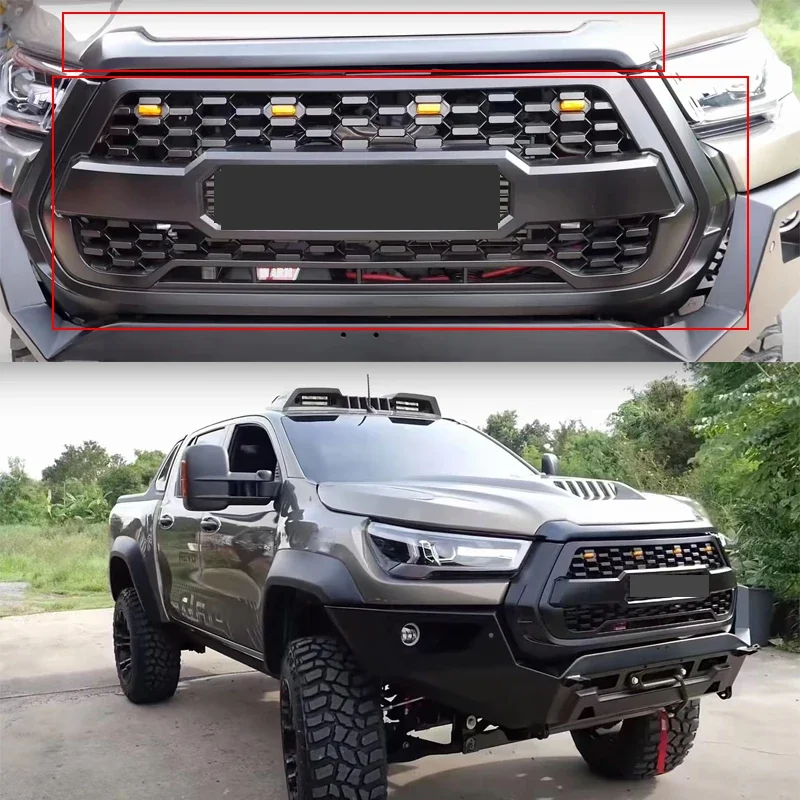 

For Hilux Revo 2021 Modified Front Racing Grills ABS Car Grille Bumper Mask Mesh Cover Front Engine Bonnet Scoop Hood Trims