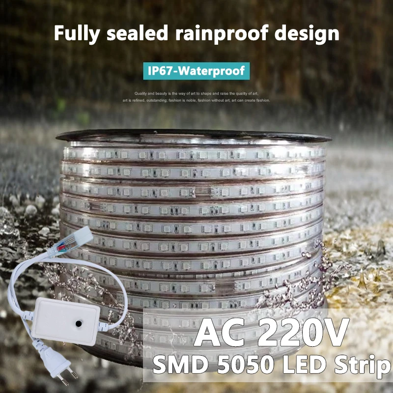 

AC220V LED High Voltage Flexible Strip SMD 5050 60 LEDs/M IP67-Waterproof RGB White Warm Single Color Light Bar with EU/US Plug