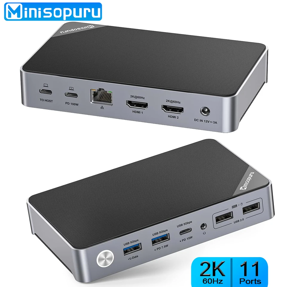 Minisopuru Dual Monitor Docking Station with 15W Charging