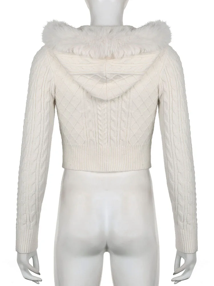 IAMSURE Sweet Furry Trim Hooded Knitted Cropped Cardigans Slim Zipper Long Sleeve Sweaters Women 2023 Autumn Winter Fashion Lady 6