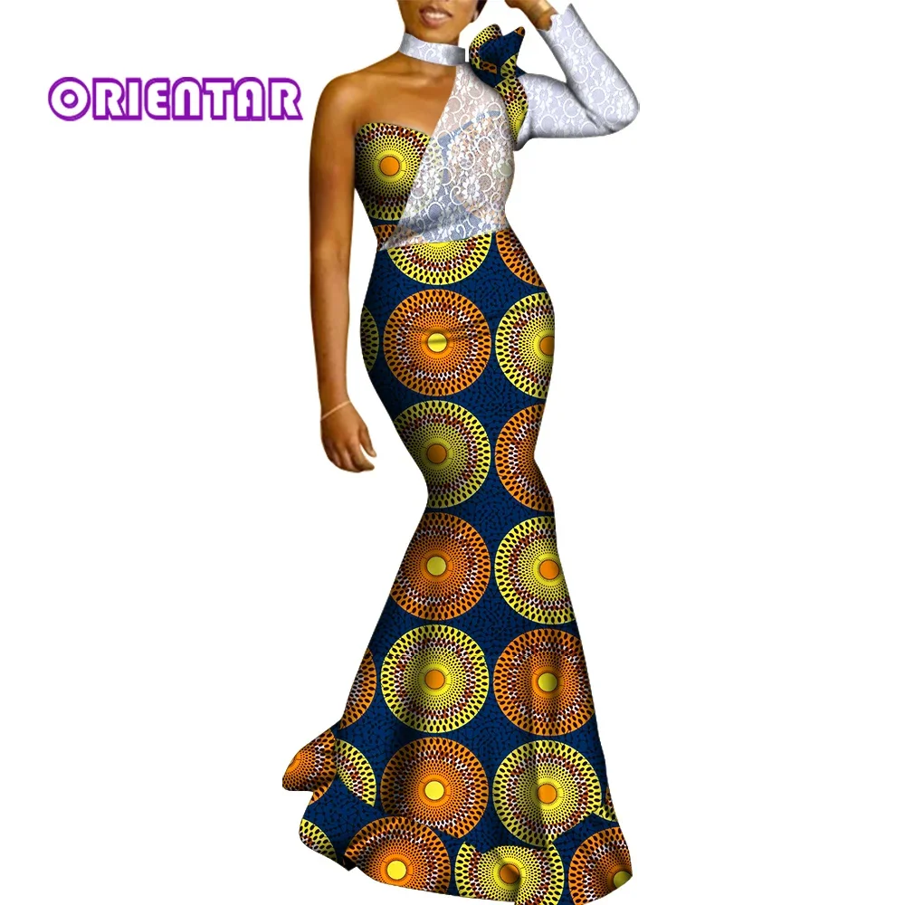 Fashion Women African Print Dress One Shoulder Lace Sleeve Bodycon Ankara Dress Long Maxi Dress for Wedding Evening Party WY6643