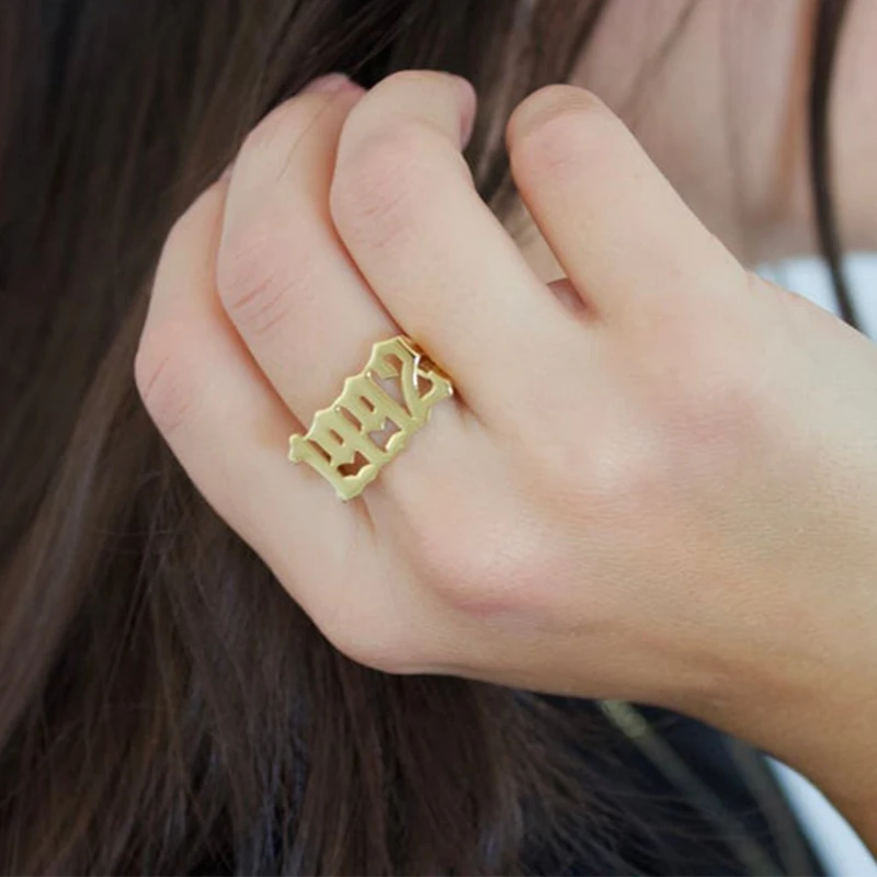2023 Hiphop Personalize Lucky Angel Number Anniversary Year Ring Custom Stamp Flat Chunky Rings For Men Women Jewelry Gifts
