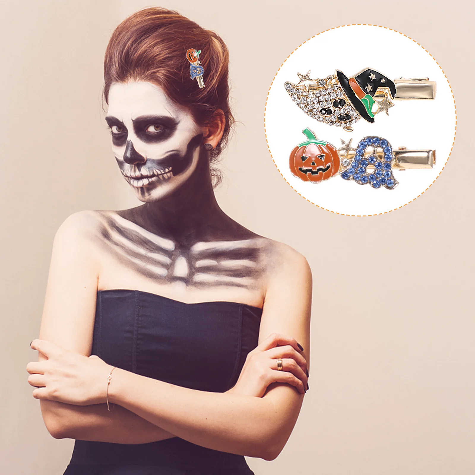 

2Pcs Halloween Pumpkin Hair Clips Rhinestones Ghost Hair Clips Barrettes Hairpin
