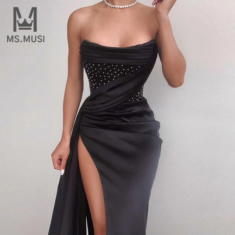 

MSMUSI 2023 New Fashion Women Sexy Strapless Crystal Draped Fold Sleeveless Backless Bodycon Party Club Event Slit Midi Dress