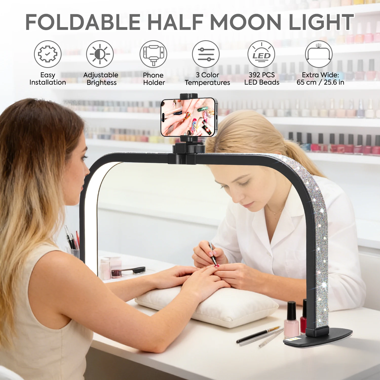 반달 모양 네일 라이트 25인치 접이식 반달 네일 데스크 램프 (휴대폰 거치대 포함) 3가지 색상 모드 10단계 밝기 조절 네일 라이트