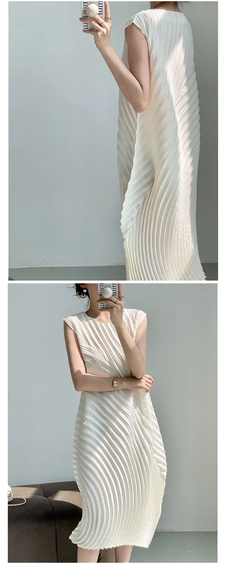 Miyake-プリーツノースリーブドレス ラウンドネック コントラストカラー ロング 女性のファッション パーティー 春 新しいコレクション2022 MIYAKE-プリーツノースリーブドレス,ラウンドネックのロング