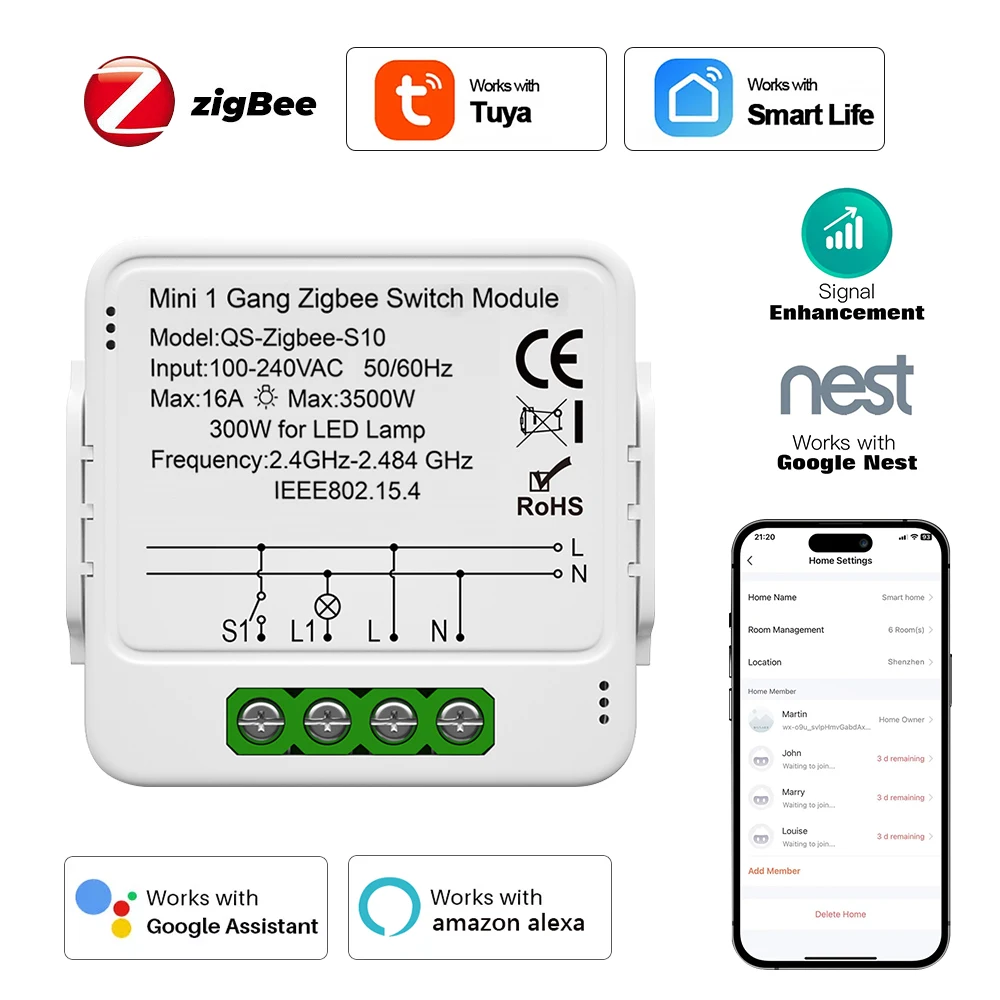 Tuya Zigbee Smart Switch 1/2/3 Gang Switch Mini Smart Switch Breaker Smart Life Control Smart Home Funziona Con Alexa Google Home