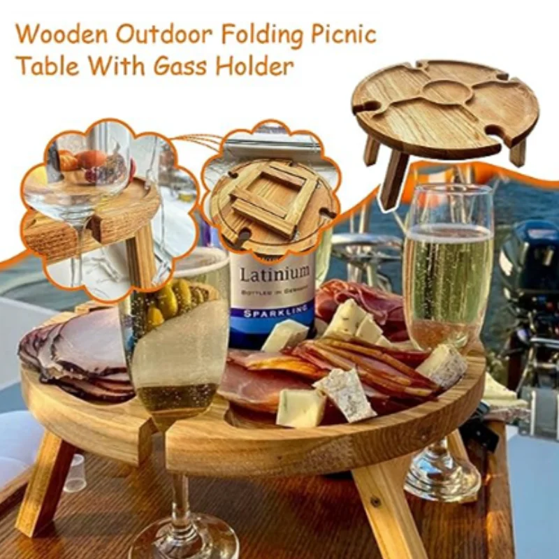 

Wooden Outdoor Folding Picnic Table With Glass Holder Round Foldable Desk Wine Glass Rack Collapsible Table for Garden Party