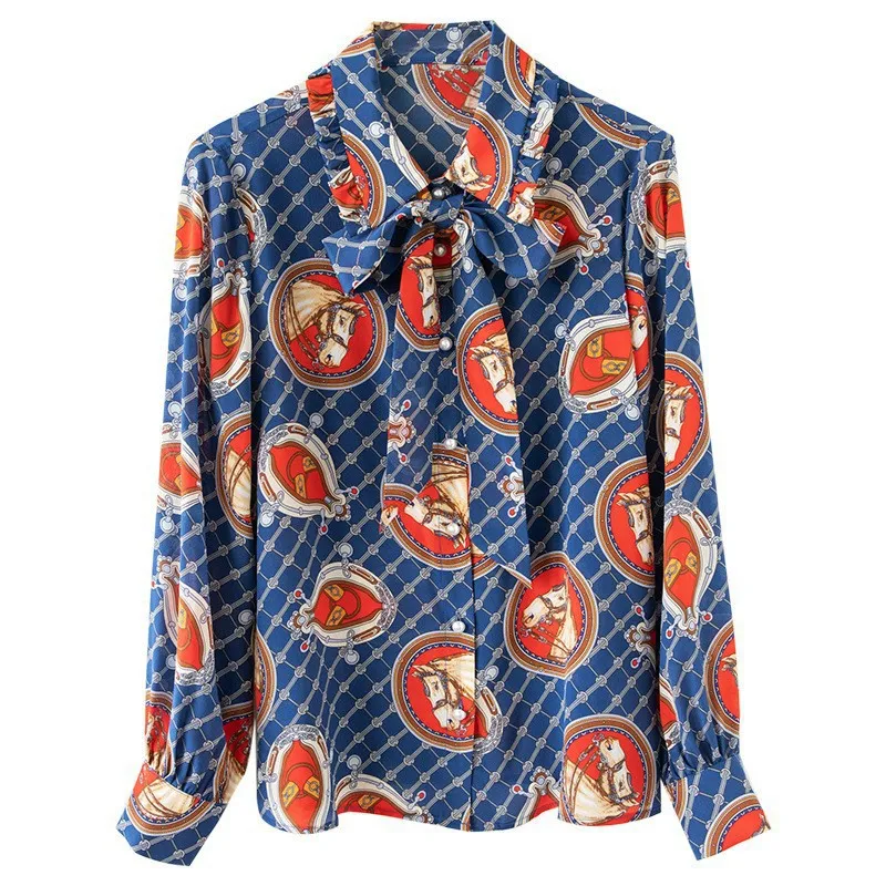

Fashion Woman Blouse 2023 Autumn Lapel Ribbon Print Shirt Women Camisas De Mujer