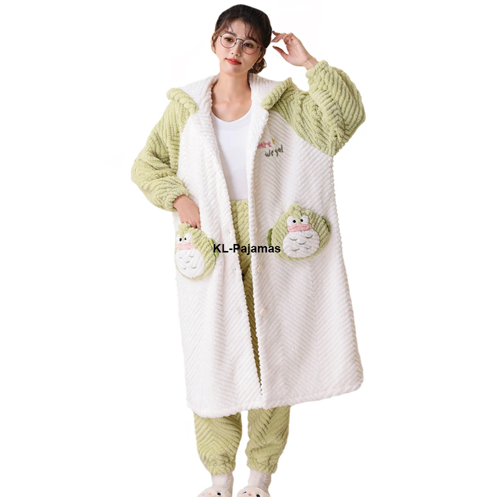 Winter Flannel Pajamas Sets For Women Cartoon Sweet Pyjamas Animal Cosplay Hooded Nightgown Suit Thicken Warm Sleepwear Homewear