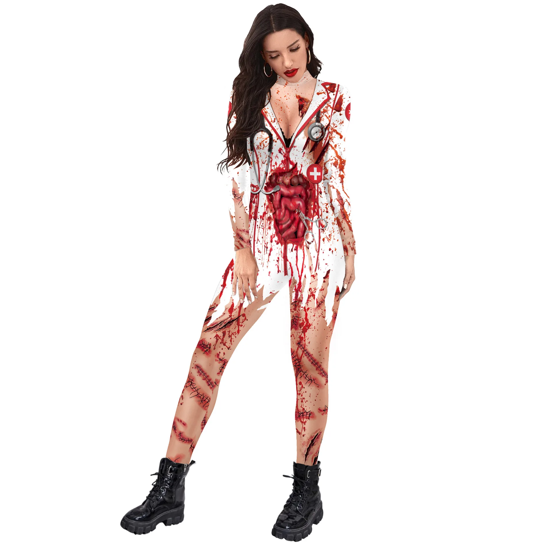 Zombie Terrible Blood Nurse Uniform Cosplay Jumpsuit Unisex Zentai Stocking Party Carnival Masquerade Bodysuit Halloween Outfits