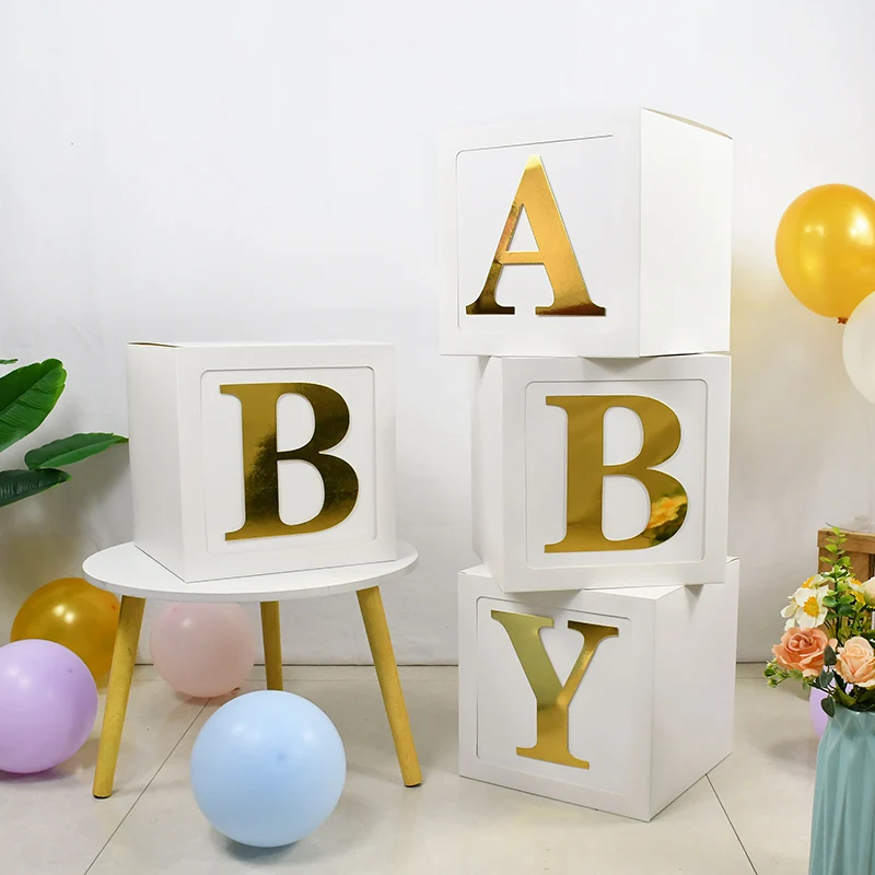 골드 레터 장식 흰색 종이 상자,  선물 상자, 풍선 상자, 첫 번째 생일 파티, 베이비 샤워, 성별 공개 장식, 30cm