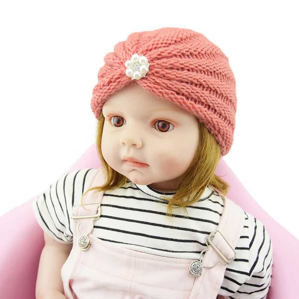 Baby hat set crochet knitted pearls flower for winter