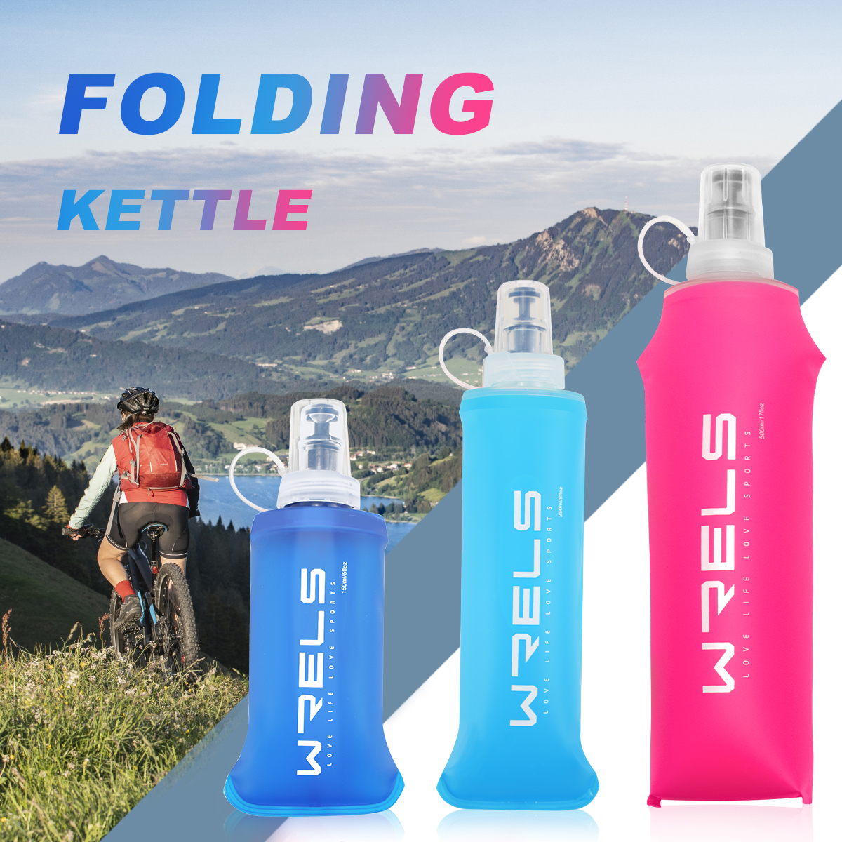 WRELS TPU Folding Water Bottle Climbing Soft Flask Blue Sport Water Bottle Water Bag Folding Collapsible Water Bottle BPA Free