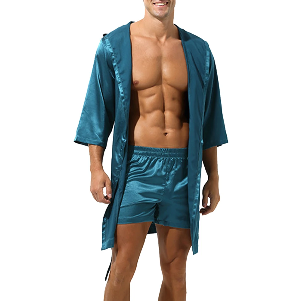 Men Bathrobe Pajamas Nightgown Hooded Loose Satin Silk Sleepwear Cardigan Gown Bath Robe Nightwear Sleep Bottoms 