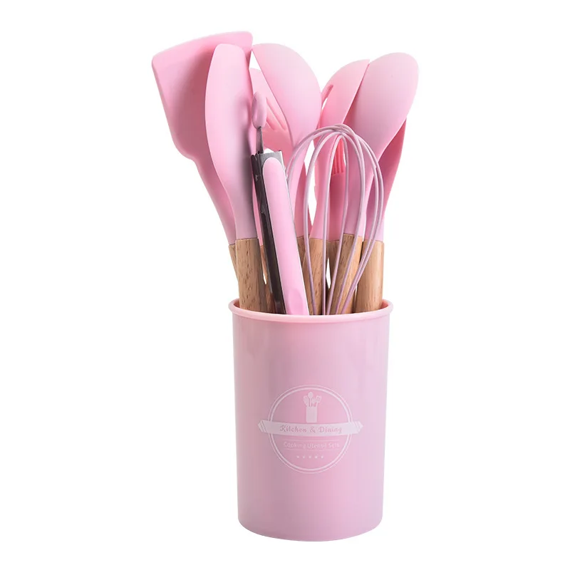 High Temperature Resistant Silicone Kitchenware with Wooden Handle12Set of Cooking Ladel Cream Scraper Tongs Egg Beater