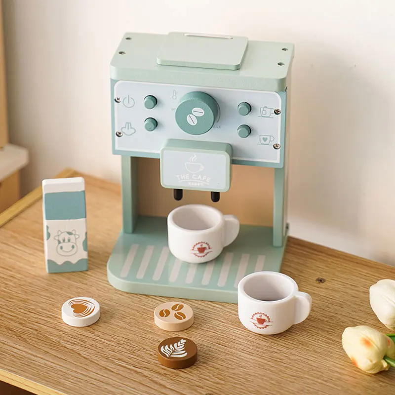 Kids Kitchen Toy Set Wooden Coffee Maker Set Simulation Cookie Maker Kit Pretend Play Educational Toys Gifts for Girls Boys