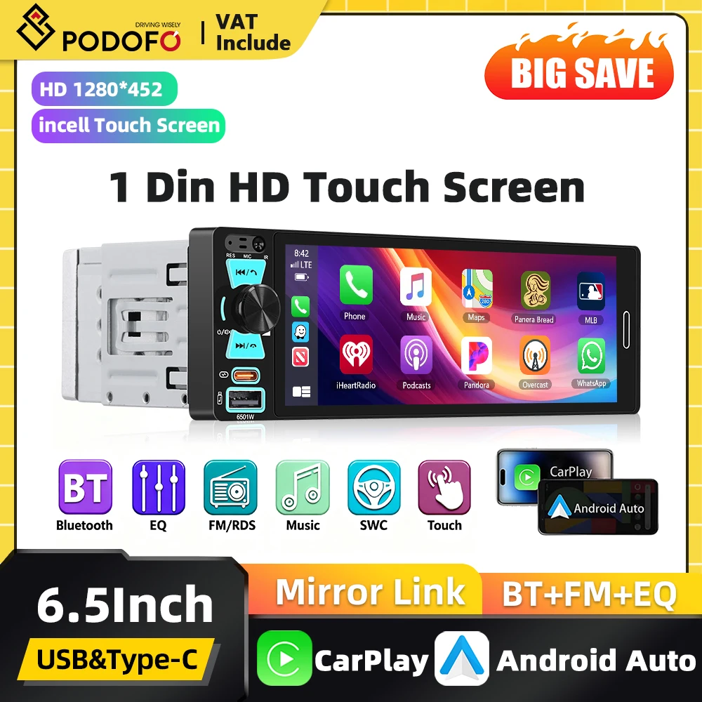 Radio para Auto Podofo de 6.5 Pulgadas 1DIN con Pantalla Táctil Incell, Carplay, Android Auto, Mirror Link, FM, AM, RDS, Reproductor Multimedia, Unidad Estéreo Universal para VW AUDI 1