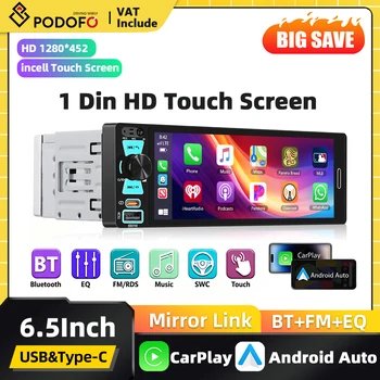 Radio para Auto Podofo de 6.5 Pulgadas 1DIN con Pantalla Táctil Incell, Carplay, Android Auto, Mirror Link, FM, AM, RDS, Reproductor Multimedia, Unidad Estéreo Universal para VW AUDI 1