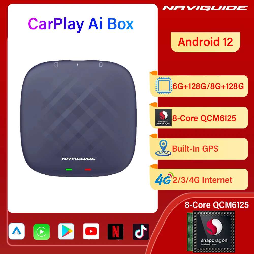 NAVIGUIDE CarPlay Ai Box Android 12 Plus QCM6125 8 core Wireless