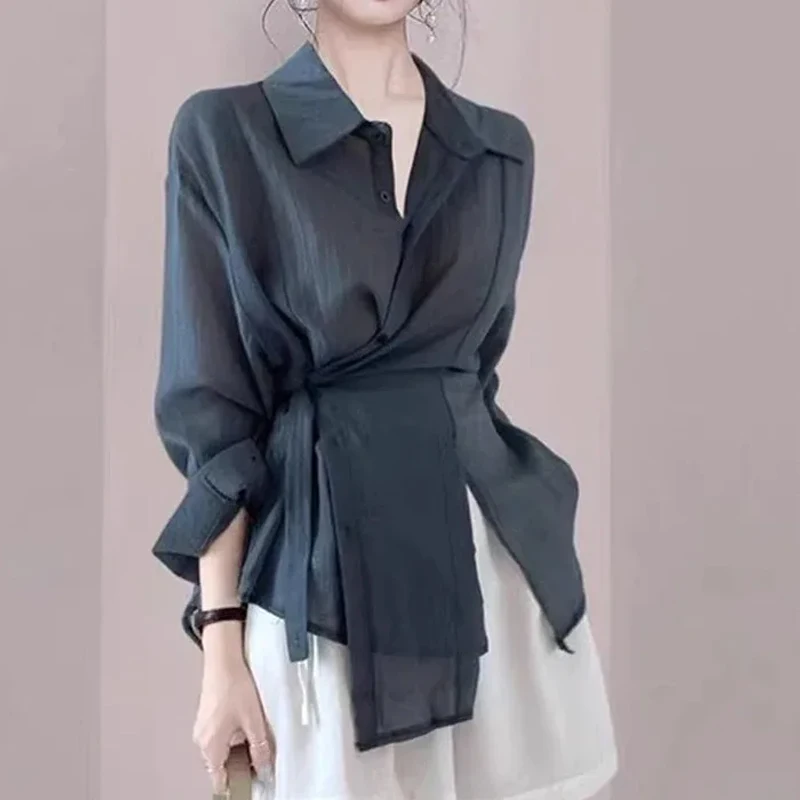 Women's Elegant Loose Long Sleeve Blouse, Irregular Slim Waist Belt Shirt, Casual Button Tops, Streetwear, 15674