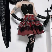 plus Size Gothic Harajuku Plaid Pleated Skirt Y2K Lolita Sweet Lace Mini Punk Kawaii Cosplay Costume Girls Clothing - Image 6