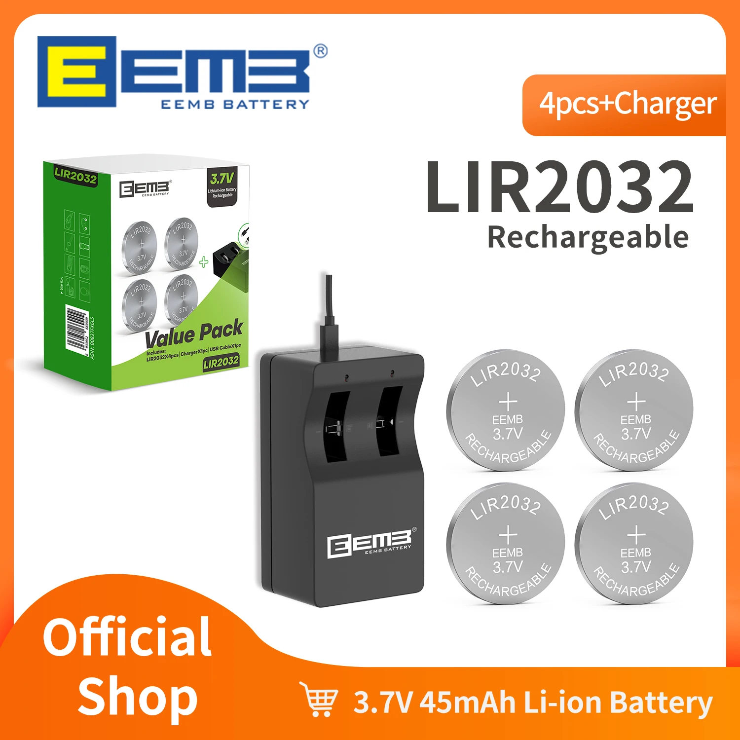 EEMB 4PCS LIR2032 Rechargeable Battery With Charger 3.7V Rechargeable