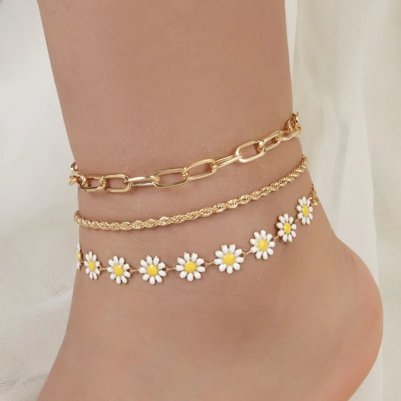 Słodkie obrączki z kwiatem stokrotki dla kobiet plaża rozgwiazda muszla koraliki na bransoletkę bransoletka na nogę artystyczne łańcuszek na kostkę sandały biżuteria prezenty